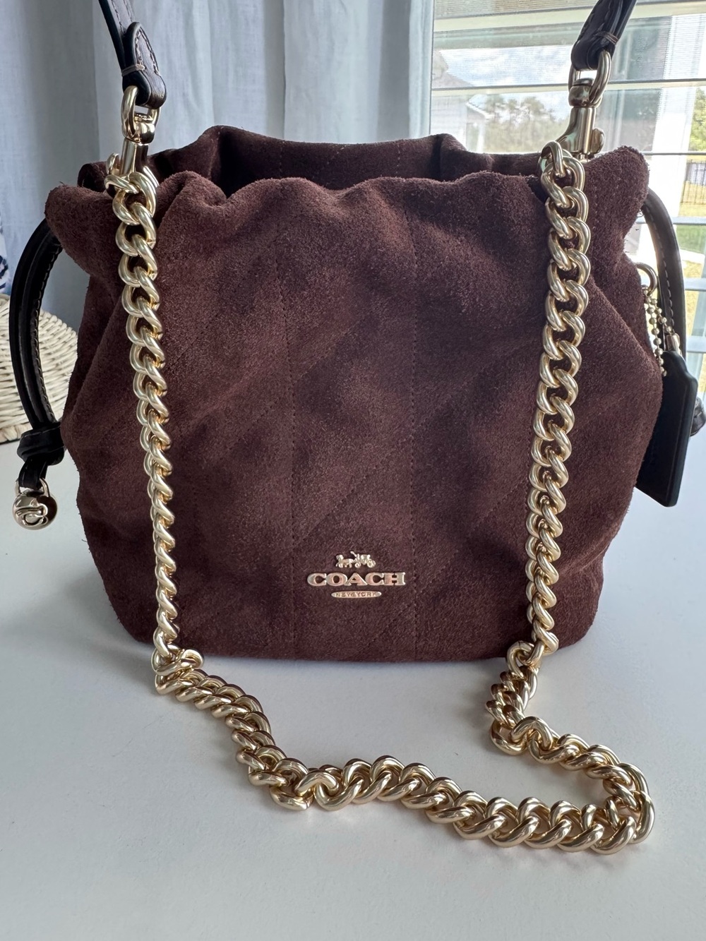 Coach Faye Mini Drawstring Bucket Bag Suede Leather Brown Crossbody NWOT